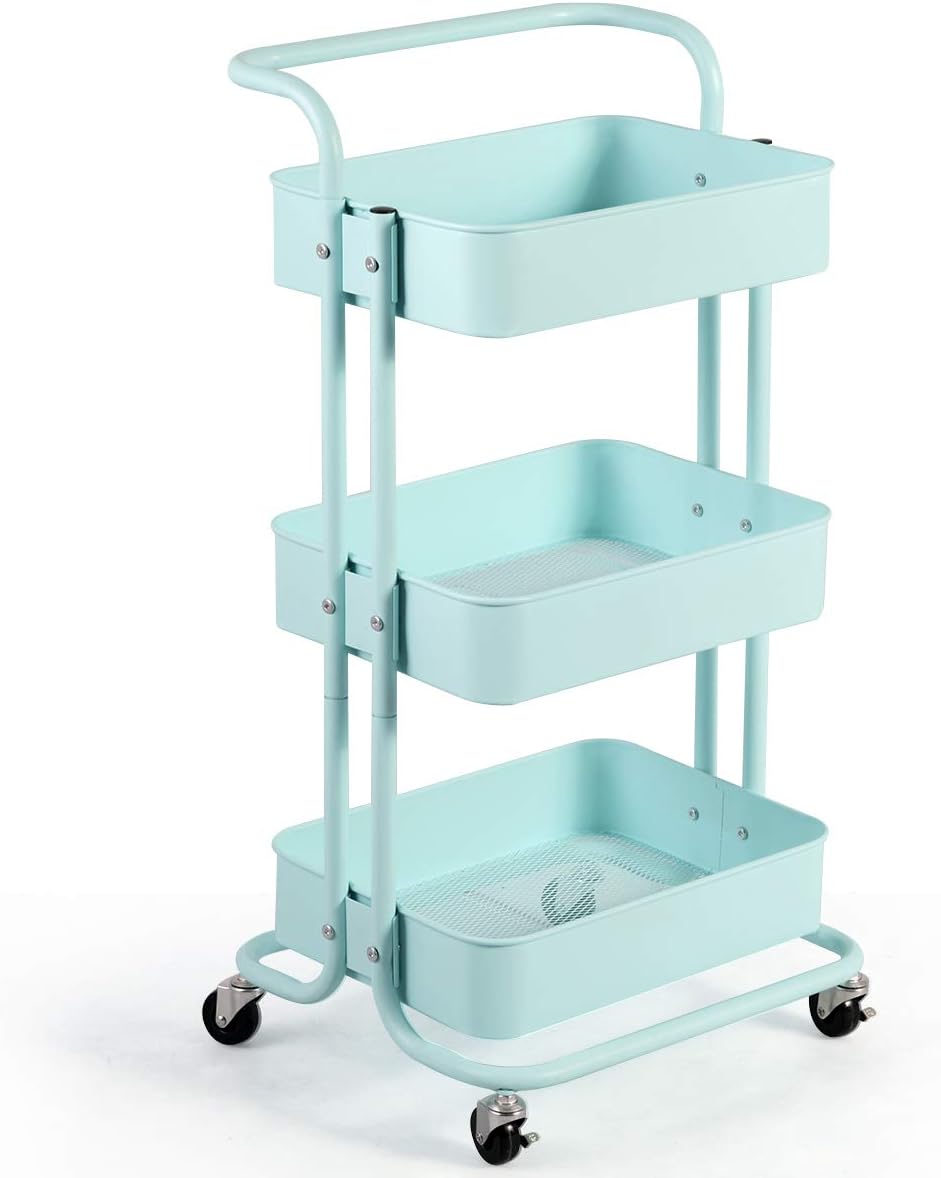 Giantex 3-Tier Rolling Cart, Metal Utility Cart, Kitchen Trolley Serving Cart with Top Handle, Lockable Casters and 3 Mesh Storage Baskets, Mobile Organizer Cart for Home and Office (Mint Green)