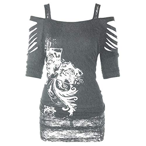 Blouse for Women,Milimieyik Women's Short Sleeve Punk Print T-Shirt Dress Sexy Hole Mini Casual Tops Tee Gray