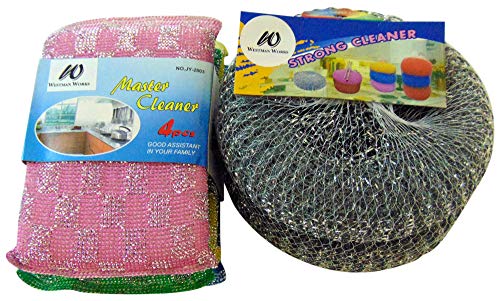 Premium Dish Scrubbing Set Nylon Dish 4 Scouring Pads Sponges Mesh Scourers Pack with 2 Metal Scrubbers