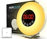 Sunrise Alarm Clock - Programmable Wake Up Nature Sounds - FM Radio Audio - Digital LED Light Touch Control - 7 Colors Bedside Night Lamp - Snooze Button for Deep Sleepers - Dual USB Charger & Battery
