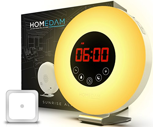 Sunrise Alarm Clock - Programmable Wake Up Nature Sounds - FM Radio Audio - Digital LED Light Touch Control - 7 Colors Bedside Night Lamp - Snooze Button for Deep Sleepers - Dual USB Charger & Battery