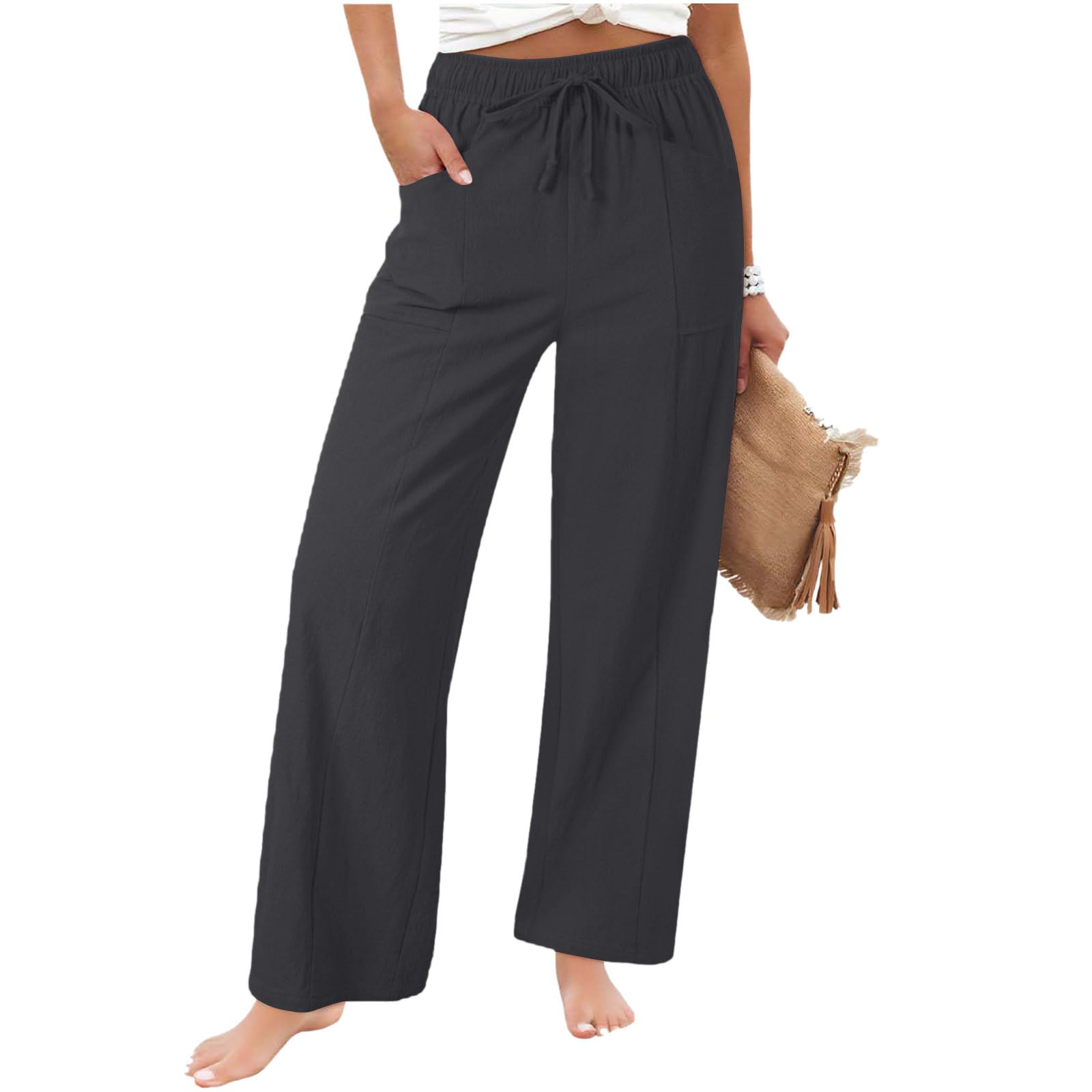 Cotton Linen Pants Women Wide Leg Summer Trousers Plus Size Drawstring Elastic Waist Casual Palazzo Pants with Pockets
