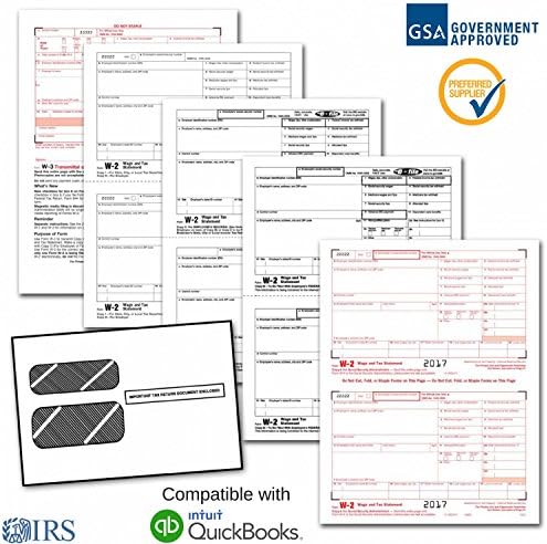 Employee W-2 Laser Forms (W2) (4-Part) Kit with Self Seal Envelopes for 25 Employees (2017) + 3 Free W-3 Transmittal Forms - IRS Aprroved