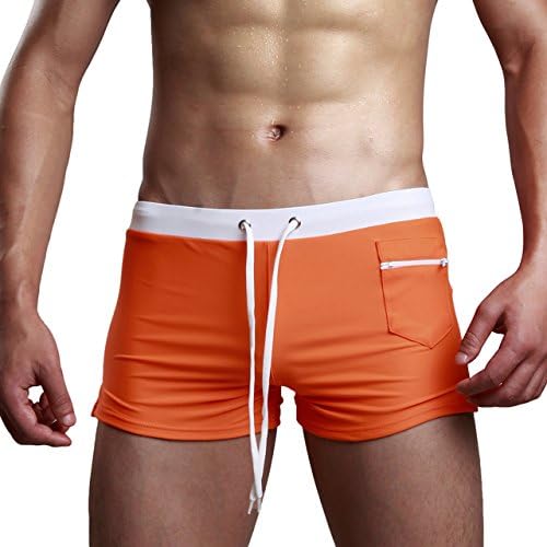 Faceegg Mens Swimming Boxer Swimsuit With Pocket Shorts Drawstring Trunks Underwear (X-Large, Orange)
