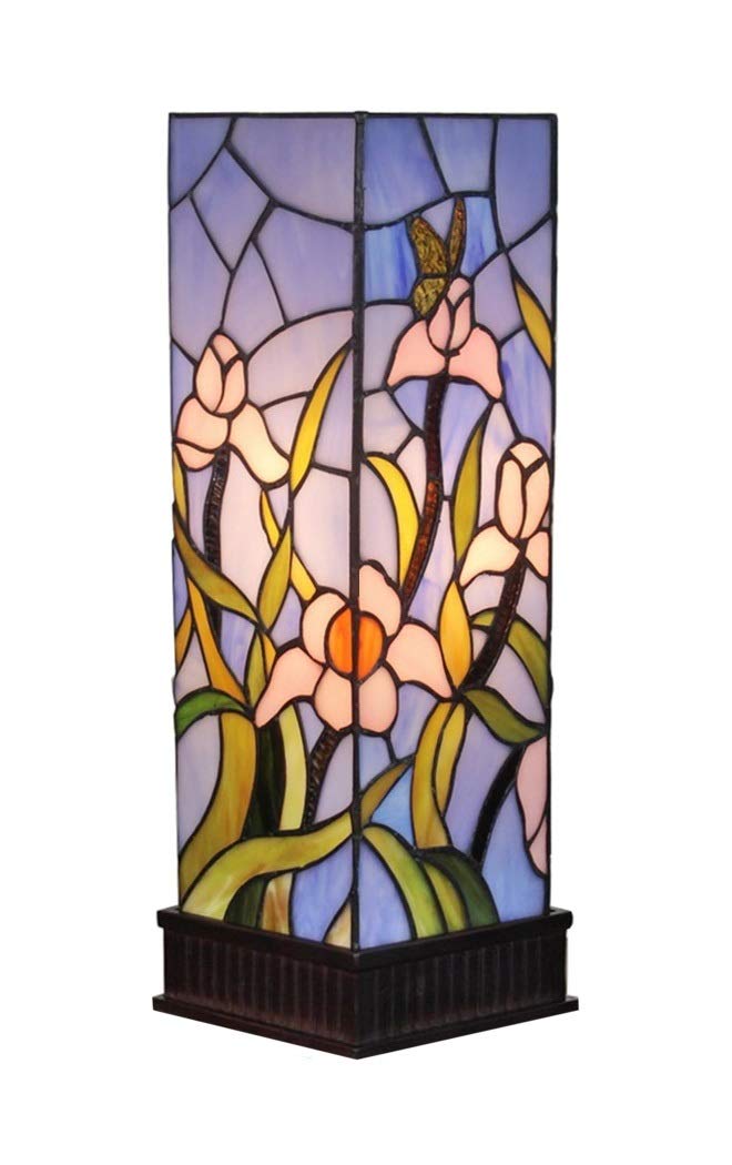 Amora Lighting Tiffany Style Table Lamp Banker Blue Green Pink Iris Flower Butterfly Stained Glass Bedside Nightstand Vintage Antique 16" Tall 6" Wide Handmade Gift AM1115TL06B, Multicolored