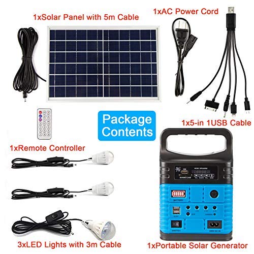 UPEOR Solar Generator Lighting System Portable Solar Power Generator Kit for Emergency Power Supply,Home & Outdoor Camping,Including MP3&FM Radio,Solar Panel,3 Sets LED Lights (Blue)