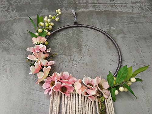RISEON Handmade 32" Long Large Tassel Dream Catcher Wall Hanging Decoration Macrame Fringe Floral Flower Wreath Dreamcatcher Boho Home Decor Ornament Gift (Peach)