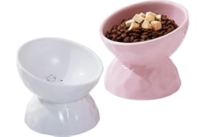 OMAYKEY Ceramic Raised Cat Bowls, Tilted Elevated Cat Food and Water Bowls, Porcelain Stress Free Cat Food Feeder Bowl Collection, Pet Bowl Dish for Cats and Small Dogs, White & Pink, Set of 2