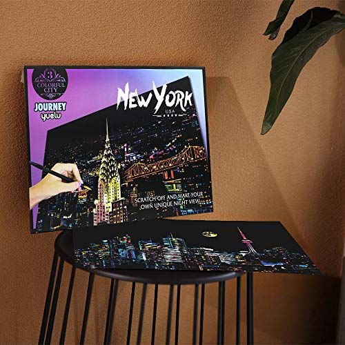 Scratch Paper Rainbow Painting Sketch Pads DIY Art Craft Night View Scratchboard for Adults and Kids - Scratch Painting Creative Gift - 2 Packs & Pen, Clean Brush, 16" x 11.2" (New York / Canada) - Thumbnail 3