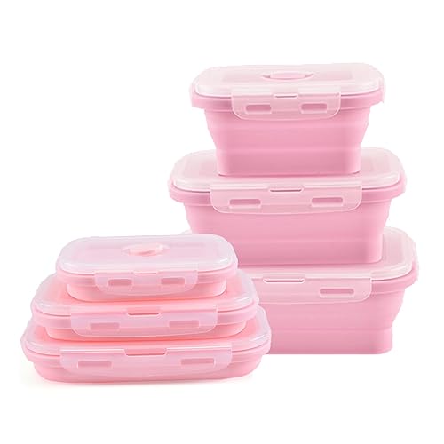 RoseFlower 3PCS Collapsible Bowl Sets, Portable Silicone Collapsible Bowls for Camping, Camping Dishes with Lids for for Microwave, Dishwasher, Freezer, Camping Bowls for Travel and Picnic(Pink)