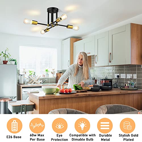 Kuwork Semi Flush Mount Ceiling Light Fixture, Black & Gold Industrial 4 Lights Sputnik Chandelier with E26 Base, Mid Century Lamps for Kitchen Bedroom Living Room Dining Room Hallway Entryway