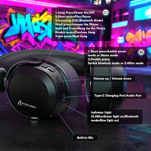 ATTACK SHARK L30PRO Wireless Gaming Headset, 7.1 Surround Sound, EQ Modes, 50mm Drivers, Tri-Mode Connectivity, 1100mAh Battery, Over-Ear Headset with Detachable Noise-Cancelling Mic for PC -Black