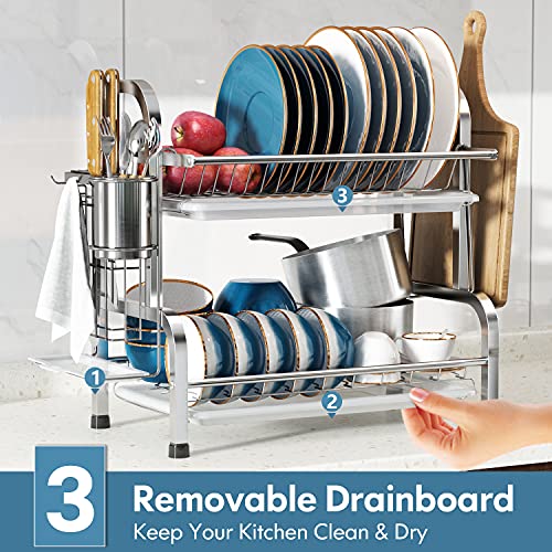 Dish Drying Rack, Romision 2 Tier Dish Rack Drainboard Set, Stainless