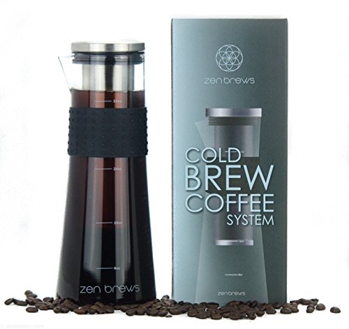 Cold Brew Coffee Maker by Zen Brews | Make Low Acidity - High Caffeine Cold Brew Coffee at Home | 32oz Glass Carafe w/Stainless Steel Filter + Extra Gasket | Silicone Grip | FREE e-Recipe Book