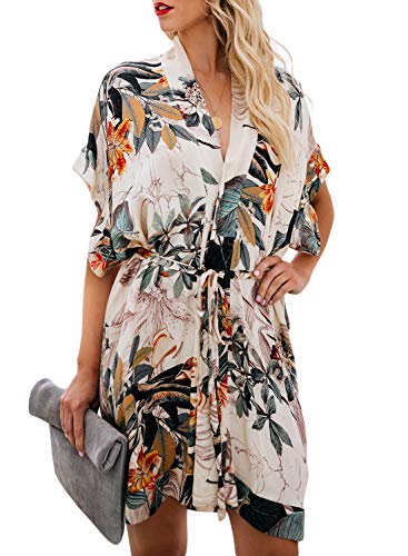 Elapsy Womens Summer Sexy V Neck Flower Pattern Kimono Boho Style Party Shift Dress Multicolor Large