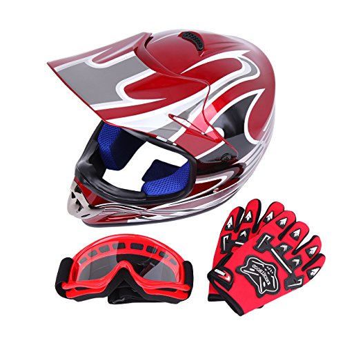 Sange DOT Youth Kids Offroad Helmet Motocross Helmet Dirt Bike ATV Motorcycle Helmet Gloves Goggles (Red, Medium)