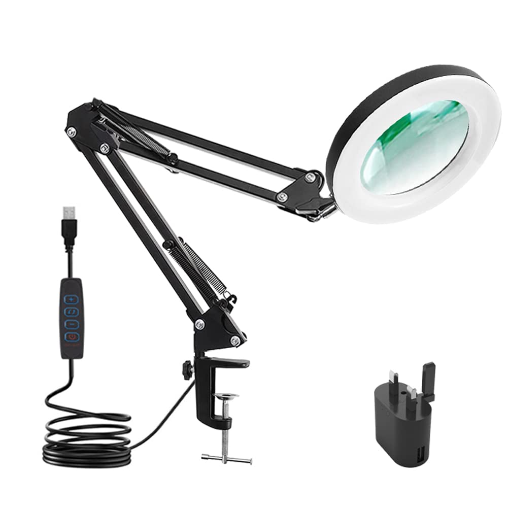 Umisu 16W Magnifying Glass with Light and Stand, 5X Real Glass Lens,3 Color Modes 10 Brightness Adjustable Magnifying Desk Lamp with Clamp,80 LED Magnifier Light for Crafts,Reading,Close Work