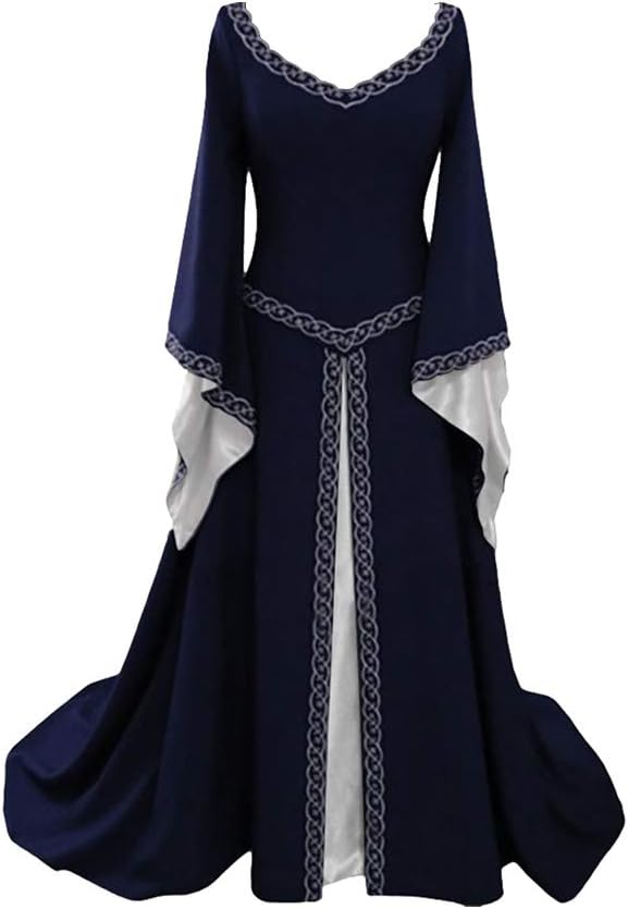 yunhou Women's Retro Medieval Dress with Embroidery Renaissance Cosplay Costume Long Flare Sleeve Gothic Victorian Queen Fancy Evening Dress