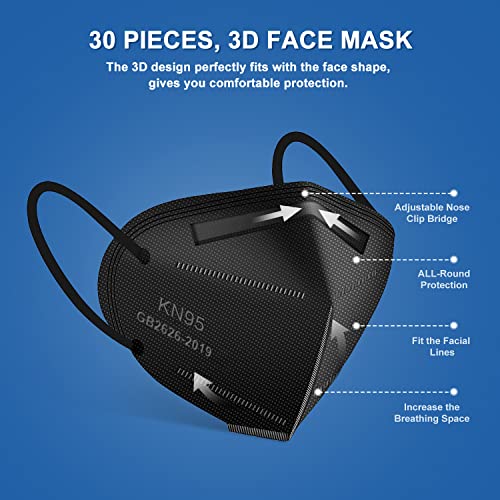 OPECTICID KN95 Face Masks 30 Pack, KN95 Mask Black Protection Cup Masks