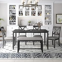 6 Pieces Dining Table Set, Wood Rrectangle Table