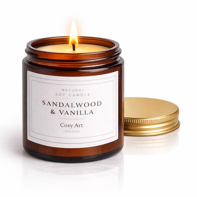 Sandalwood & Vanilla Soy Candle 180ml – Luxury Amber Jar Candle with Gold Lid | Hand-Poured in London | Warm Vanilla Home Fragrance | Vegan Soy Wax Gift for Men & Women