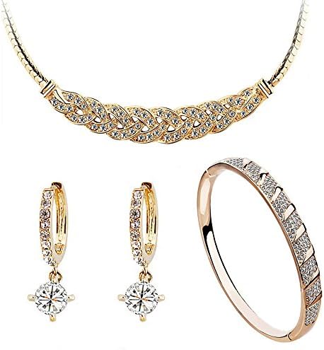 Ladies Fashion Sparkly Golden Rhinestone Crystal Earrings & Necklace & Bracelet Jwellery Set
