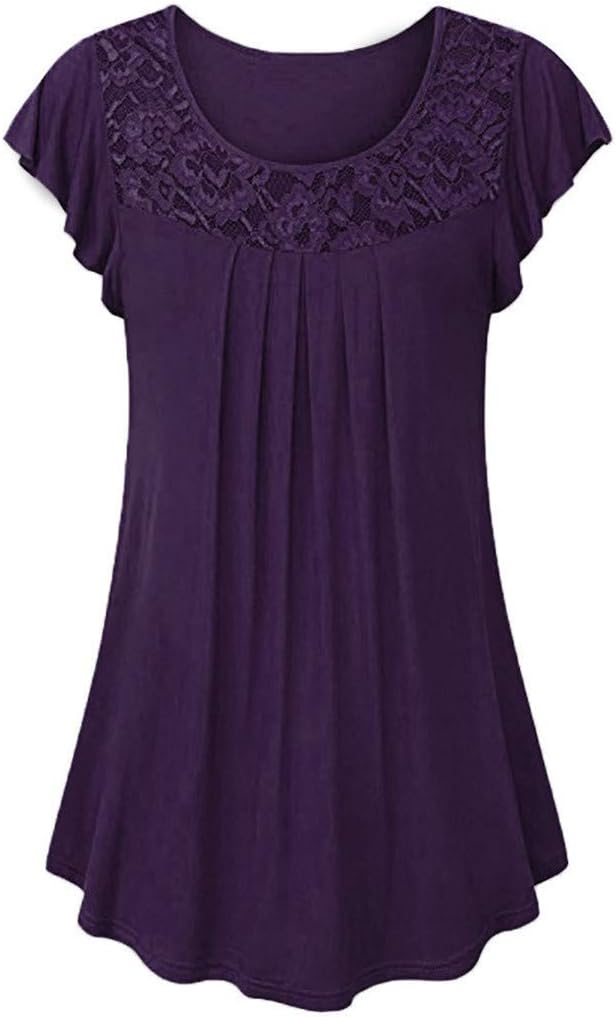 TWGONE Tunics for Women to Wear with Leggings Short Sleeve Ladies Solid Lace Patchwork Ruched Blouse Tops Shirt