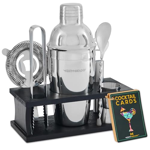 Mixology & Craft Cocktail Set - 8-teiliges Cocktail Shaker Set mit Shaker aus Edelstahl und Bar Zubehör im schwarzen Holzständer - Dekoratives Geschen