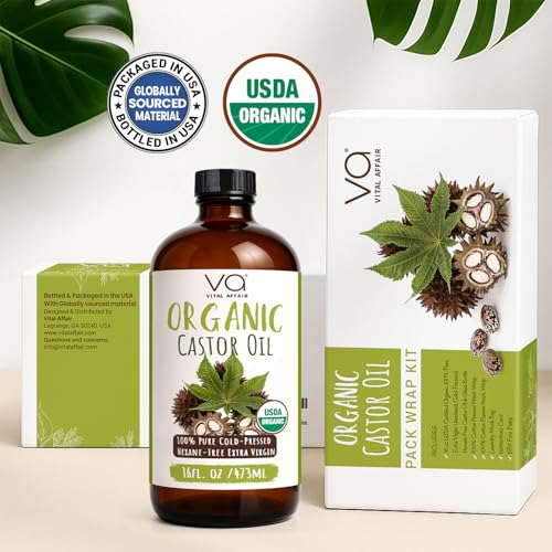 Castor Oil Pack Wrap Kit – USDA Organic, 16 oz Cold-Pressed Hexane-Free Castor Oil in Glass Bottle | Adjustable Cotton Flannel Waist & Neck Wraps | Liver, Abdominal & Detox Therapy