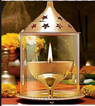 Truvic Brass Akhand Jyot Diya with Molded Glass & Plate, Oval Shape, Diwali Oil Puja Lamp, Temple Home Decor, 8 cm