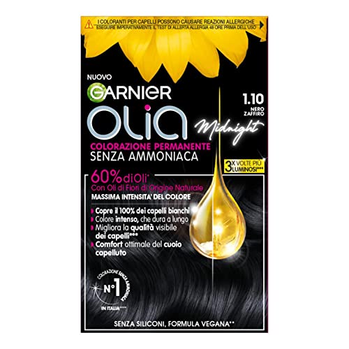 Garnier Olia Midnight haarverf, permanente kleuring zonder ammoniak, delicate geur, dekt 100% wit haar af, met natuurlijke bloemolie van natuurlijke oorsprong, veganistische formule, saffierzwart