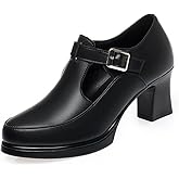 Women's Slip-On Black Genuine Leather Square-Toe Chunky Heel Mary Janes Shoes with Buckle Accent Comfortable Versatile for Daily Office Work Walking Casual Outings
