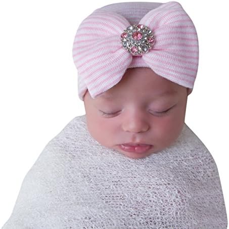 Pink and White Striped hat with Bow and Rhinestone