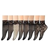 Epeius 8 Pairs Women's Lace Top Fishnet Argyle Ankle Socks,Stylish Black + Hollow Out,Shoe Size 9-12