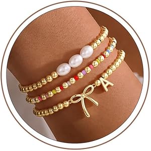 Turandoss Initial A-Z Beaded Bow Bracelets for Teen Girl Women Gifts | Initial Letter A-Z Bracelets, Colorful Beaded Bow, Dai