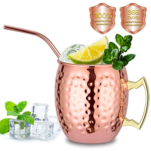 Eligara Moscow Mule Becher Kupferbecher Gehämmert und Handgefertigt Kupfertassen mit 4 Gläsern, 4 Untersetzer, 4… – Bild 5