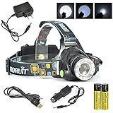 Boruit Outdoor Headlamp Zoomable - T6 LED Headlight Flashlight- Rechargeable, Waterproof & Bright - Hands-Free Comfortable Wearing Headlights- Perfect Head Lamp for Skiing, Camping, Running, Hiking