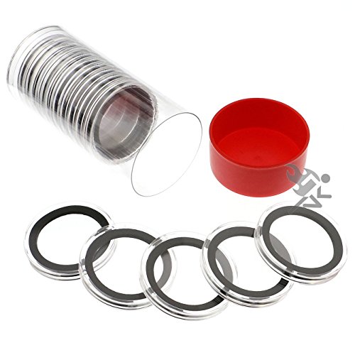 Red Lid Capsule Tube & 15 Air-Tite X39mm Black Ring Coin Holders