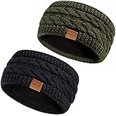 Hatromm Winter Headbands for Women Wool 2 Pack, Ear Warmers for Women Headband Knit Thick Fleece Lined, Cold Weather Warm Ear Muffs(Black+Army)