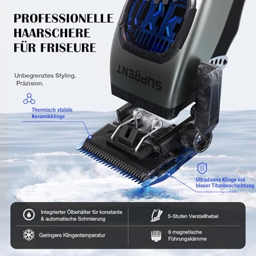 SUPRENT Men's Professional Hair Trimmer - Titanium-Coated Fade Blade, Adjustable Zero-Gap T-Blade, 5 Length Levels, Magnetic Guide Combs, 2500 mAh Battery & Type-C Charging Station