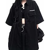 PEXIZUAN Gothic suit summer all-match black loose shirt tops women fashion two-piece goth skirt Harajuku style punk fashion XXL(Top shirt,M)