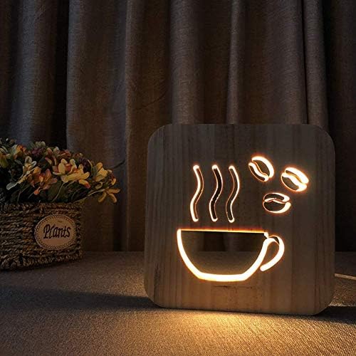 LED Night Light USB Wooden Hollow Coffee Photo Frame 3D Lamp Creative Eye Caring Small Table Lighting Kids Adults Beautiful Gifts Home Bedroom Decorative Toys,Warm White [Energy Class A]