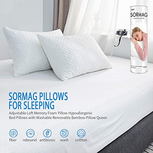 SORMAG Bed Pillows for Sleeping ( Queen Size) Adjustable Loft Bed Pillows,Memory Foam Pillow Washable Removable Cooling Bamboo Pillow