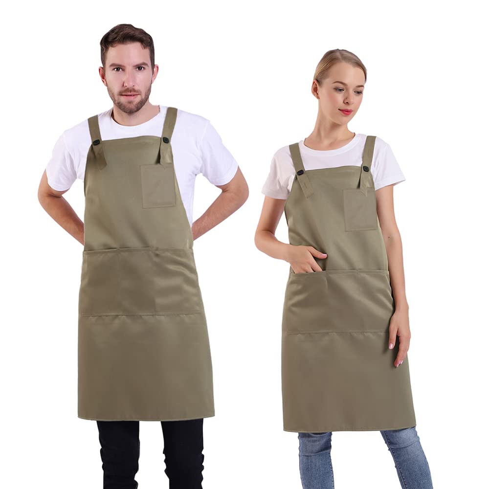 BIGHAS H Back Style Apron with Pocket for Women, Men Adjustable Large Size Comfortable, Kitchen, Home, Cooking 12 Colors (Khaki)