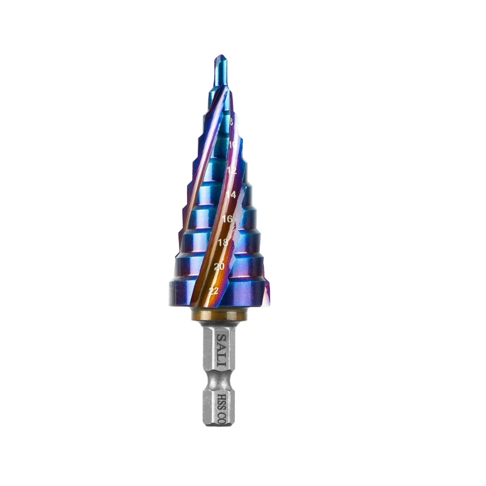SALI M35 HSS Step Drill Bit 4-22 mm Four Spiral Flute Cobalt Step Drill 1/4" Hex Shank Quick Change Design High Speed Steel Step Drill Bit for Metal, Stainless Steel, Aluminum, Wood, Plastic