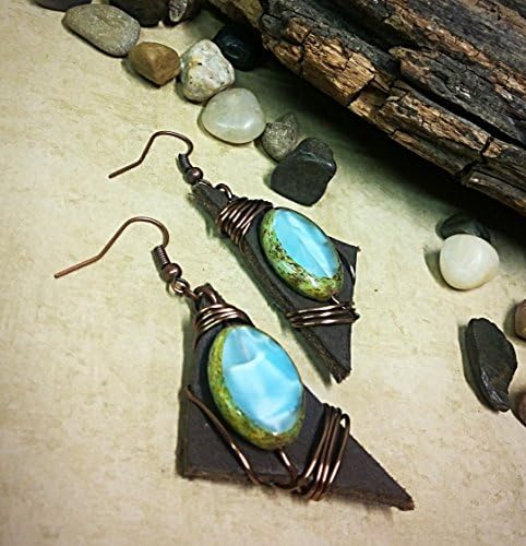 Brown Leather Blue Bronze Dangle Earrings Gift For Her Hypoallergenic Jewelry