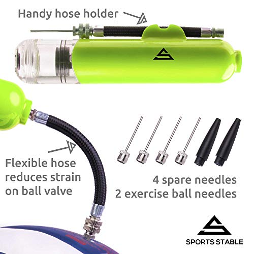 Sports Stable Dual Action Ball Pump Comes with 5 Standard Needles and 2 Plastic Yoga Ball Adaptors for Your Football, Basketball, Soccerball, Pilates Ball, Volleyball, Handball, Yoga Ball