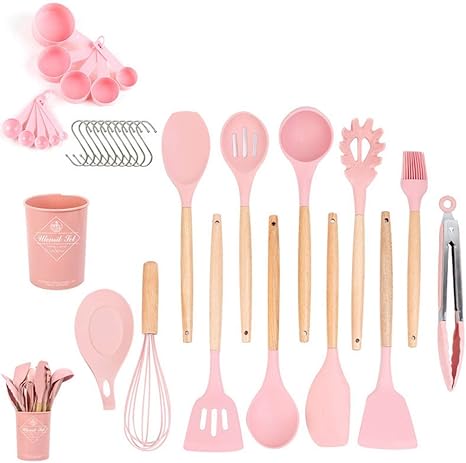 Amazon 石歩理 キッチンツールセット 調理器具 クッキングツール 耐熱 シリコン 台所用品セット ハンドルキッチン 料理 ヘラ ブラシ 製菓器具 収納簡単 日本食品安全認証済み 23点セット収納バケット付き ピンク ツールセット オンライン通販