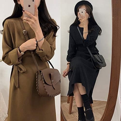 Amazon ロングワンピース 秋冬 後ろリボン 韓国 ファッション レディース ワンピース ウエストマーク フレアワンピース ブラウン 黒 ロングフレアワンピース 韓国 ワンピース 上品 可愛い ワンピース チュニック 通販