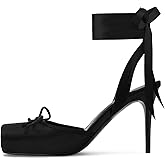 RJYLP Satin Ballet Heels for Women with Bow Square Toe Ballerina Stiletto Heels Lace Up High Heel Slingback Pumps Strappy Mary Janes Cute Elegant Party Shoes